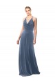 Azul polvoriento línea A Tirantes espagueti Halter Terciopelo Elástico Largo Vestidos de dama de honor / Vestidos de fiesta Al Por Mayor