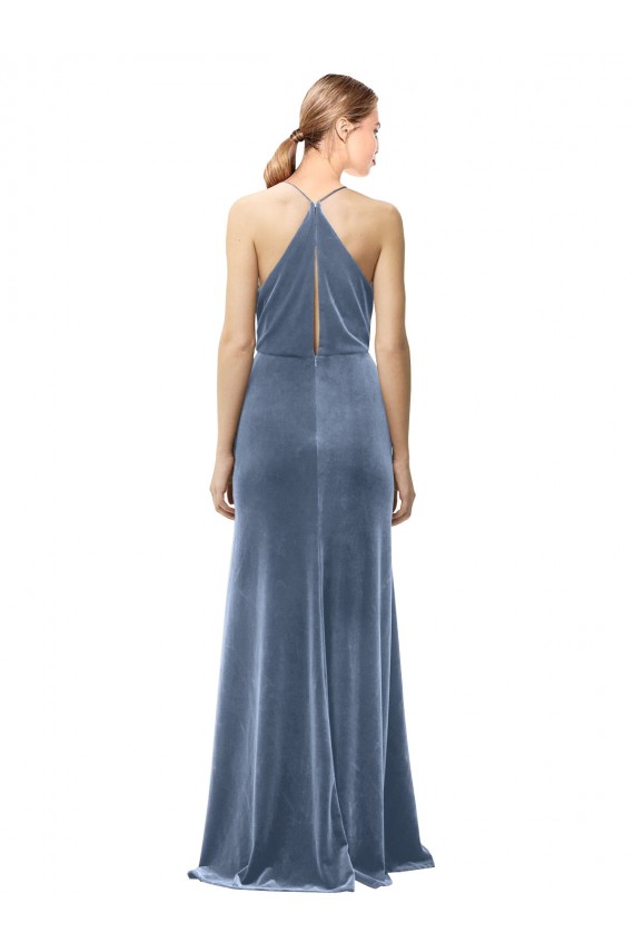 Azul polvoriento línea A Tirantes espagueti Halter Terciopelo Elástico Largo Vestidos de dama de honor / Vestidos de fiesta Al Por Mayor