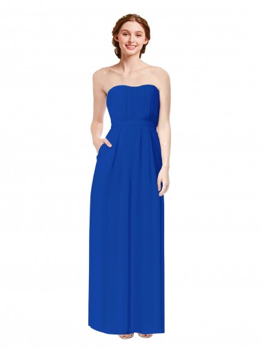 Azul real Cubierta Cuello de Corazón Gasa Largo Vestidos de dama de honor Al Por Mayor