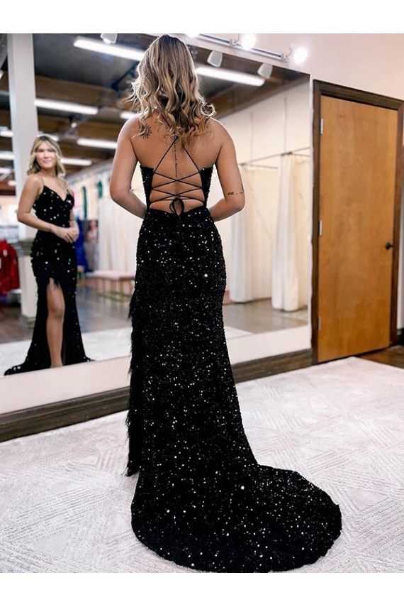 Azul real Cubierta Cuello en V Barrer tren Lentejuelas Terciopelo Largo Vestidos de fiesta Al Por Mayor