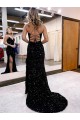 Azul real Cubierta Cuello en V Barrer tren Lentejuelas Terciopelo Largo Vestidos de fiesta Al Por Mayor