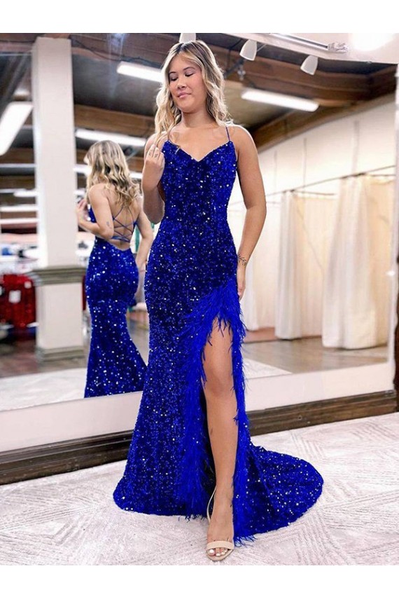 Azul real Cubierta Cuello en V Barrer tren Lentejuelas Terciopelo Largo Vestidos de fiesta Al Por Mayor