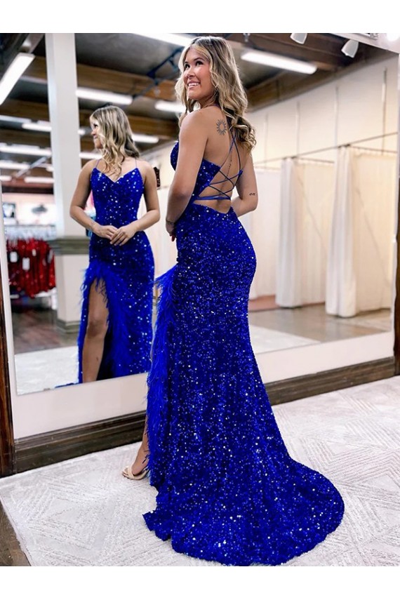 Azul real Cubierta Cuello en V Barrer tren Lentejuelas Terciopelo Largo Vestidos de fiesta Al Por Mayor