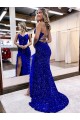 Azul real Cubierta Cuello en V Barrer tren Lentejuelas Terciopelo Largo Vestidos de fiesta Al Por Mayor