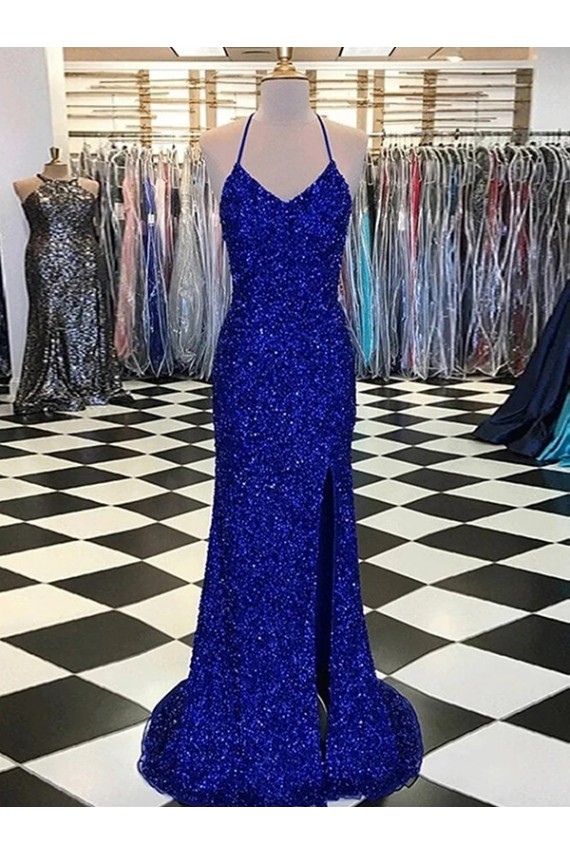 Azul real Cubierta Cuello en V Barrer tren Lentejuelas Terciopelo Largo Vestidos de fiesta Al Por Mayor