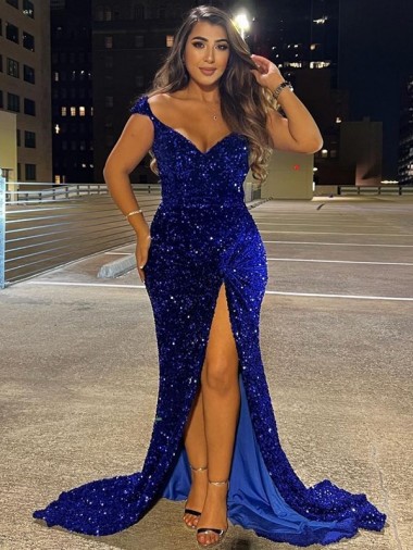 Azul real Cubierta Cuello en V Barrer tren Lentejuelas Terciopelo Largo Vestidos de fiesta Al Por Mayor