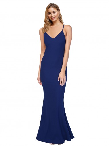 Azul real Cubierta Cuello en V Crepé Elástico Largo Formales Vestidos de dama de honor / Vestidos de fiesta Al Por Mayor