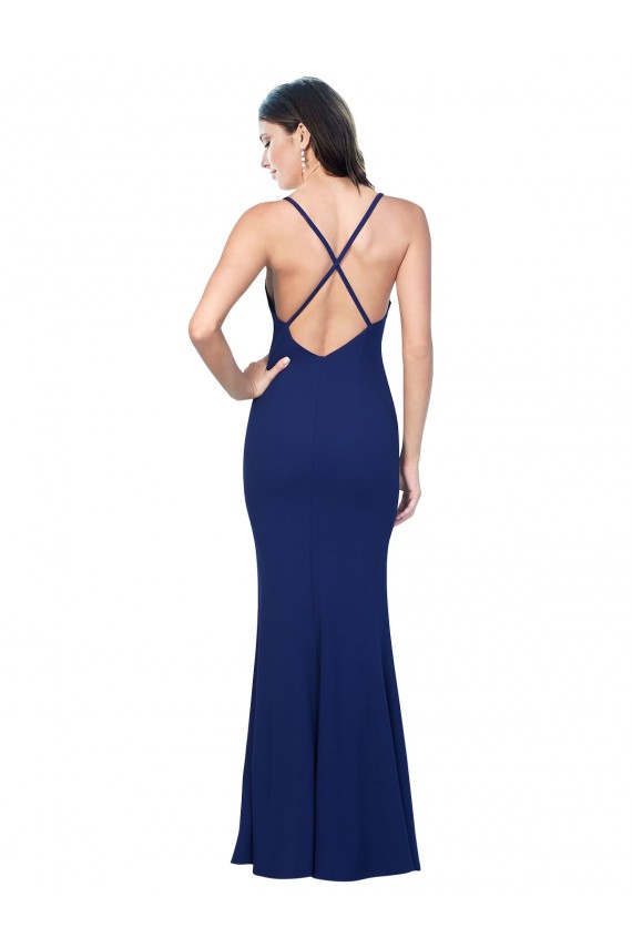 Azul real Cubierta Cuello en V Crepé Elástico Largo Formales Vestidos de dama de honor / Vestidos de fiesta Al Por Mayor