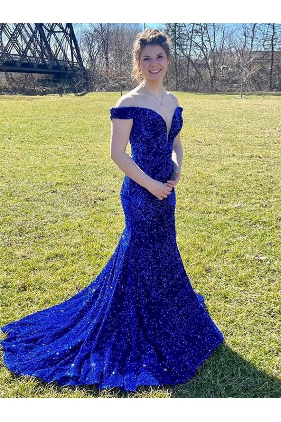 Azul real Cubierta Hombros Descubiertos Barrer tren Lentejuelas Terciopelo Largo Vestidos de fiesta Al Por Mayor
