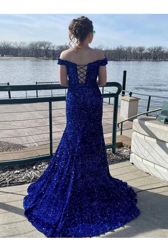 Azul real Cubierta Hombros Descubiertos Barrer tren Lentejuelas Terciopelo Largo Vestidos de fiesta Al Por Mayor