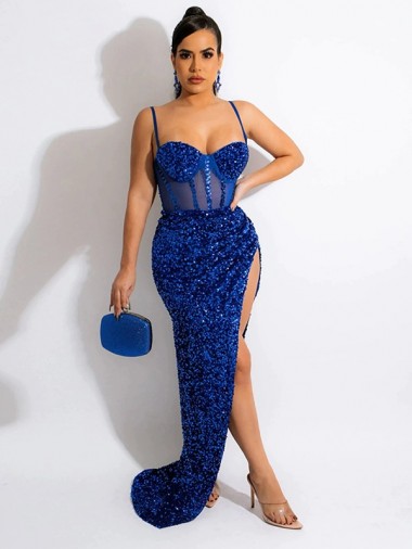 Azul real Cubierta Tirantes espagueti Barrer tren Lentejuelas Terciopelo Largo Vestidos de fiesta Al Por Mayor