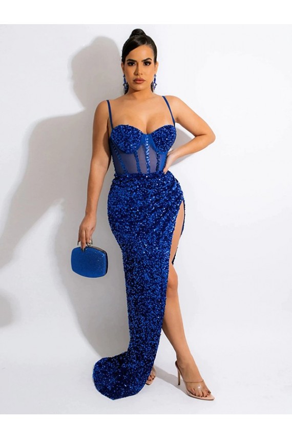 Azul real Cubierta Tirantes espagueti Barrer tren Lentejuelas Terciopelo Largo Vestidos de fiesta Al Por Mayor