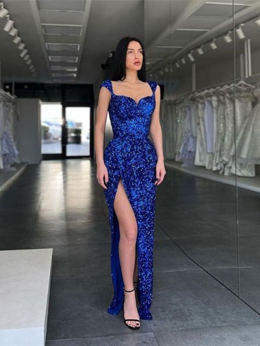 Azul real Cubierta Tirantes espagueti Barrer tren Lentejuelas Terciopelo Largo Vestidos de fiesta Al Por Mayor