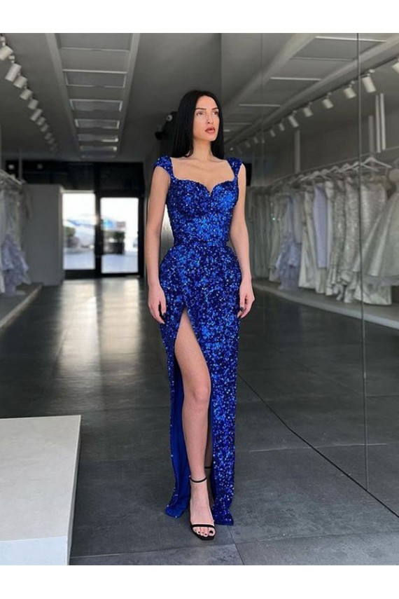 Azul real Cubierta Tirantes espagueti Barrer tren Lentejuelas Terciopelo Largo Vestidos de fiesta Al Por Mayor