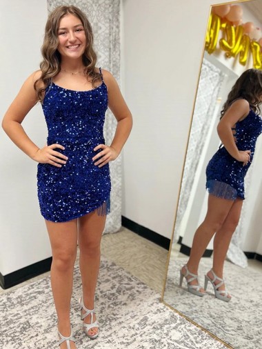 Azul real Cubierta Tirantes espagueti Corto Lentejuelas Terciopelo Corto Vestidos de fiesta Al Por Mayor