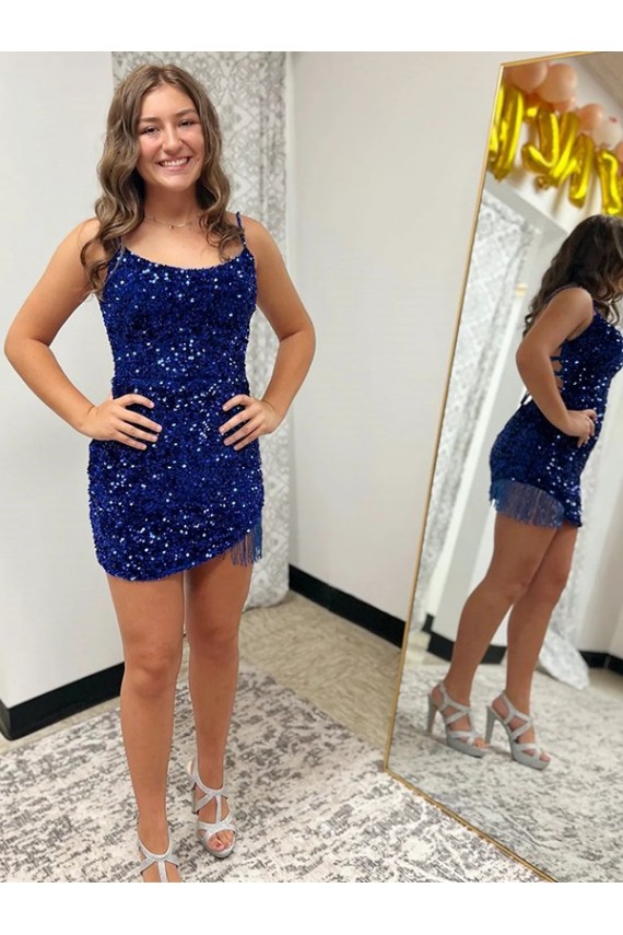 Azul real Cubierta Tirantes espagueti Corto Lentejuelas Terciopelo Corto Vestidos de fiesta Al Por Mayor