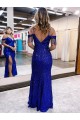 Azul real Cubierta Tirantes espagueti Cuello en V Lentejuelas Terciopelo Largo Vestidos de fiesta Al Por Mayor