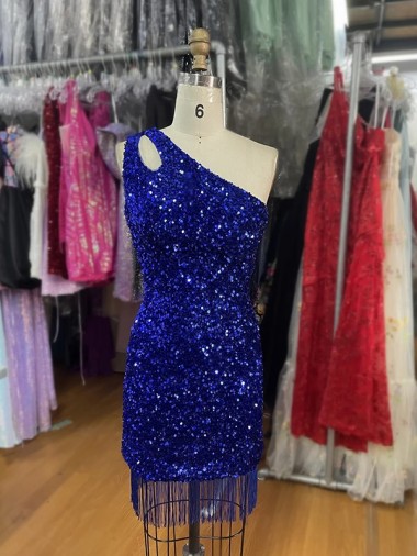 Azul real Cubierta Un Hombre Corto Lentejuelas Terciopelo Corto Vestidos de fiesta Al Por Mayor