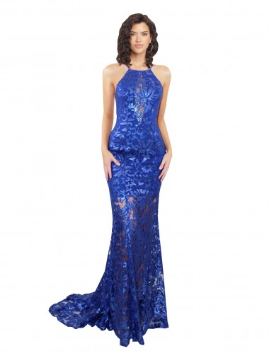 Azul real Sirena Cuello Alto Encaje Largo Vestidos de dama de honor / Vestidos de fiesta Al Por Mayor