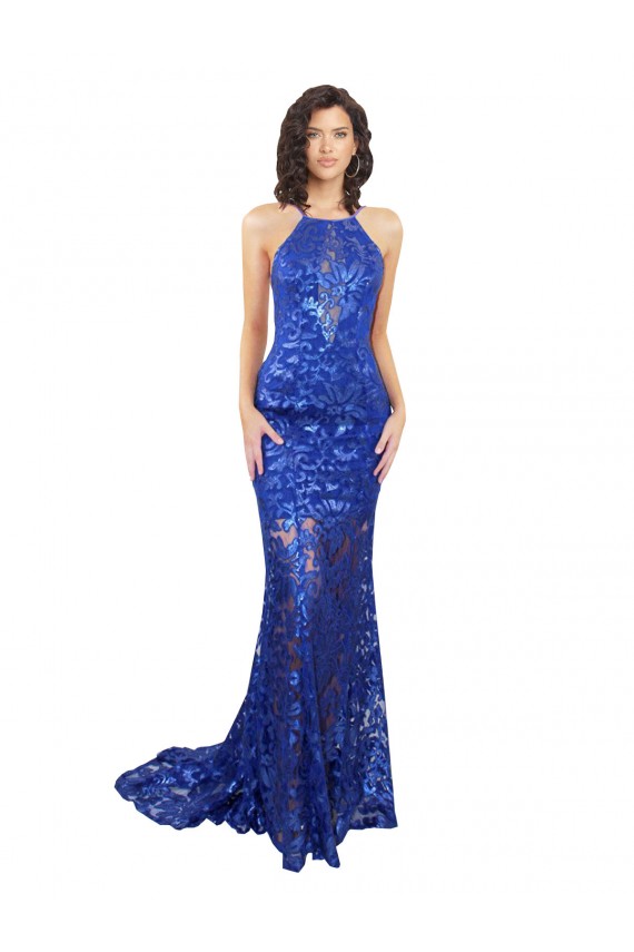Azul real Sirena Cuello Alto Encaje Largo Vestidos de dama de honor / Vestidos de fiesta Al Por Mayor