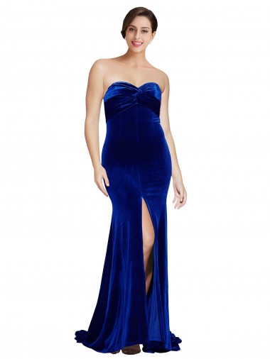 Azul real Sirena Cuello de Corazón Sin tirantes Barrer tren Terciopelo Elástico Largo Formales Vestidos de dama de honor / Vestidos de fiesta Al Por Mayor
