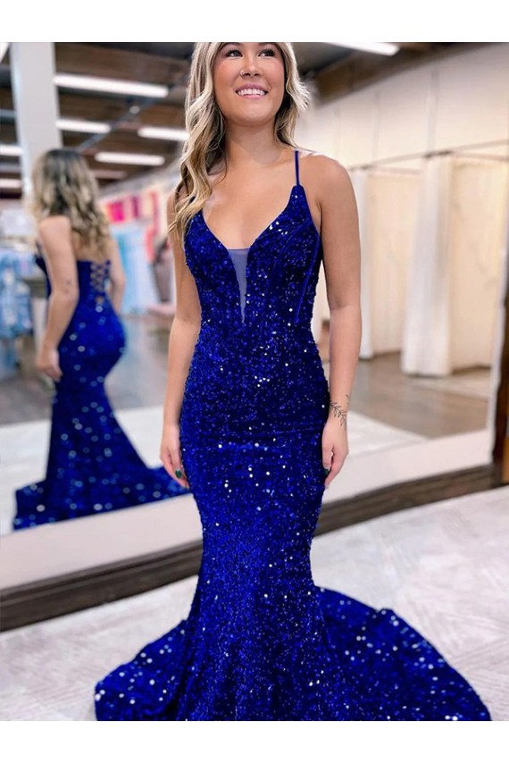 Azul real Sirena Cuello en V Cola corte Lentejuelas Terciopelo Largo Vestidos de fiesta Al Por Mayor