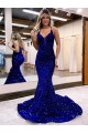 Azul real Sirena Cuello en V Cola corte Lentejuelas Terciopelo Largo Vestidos de fiesta Al Por Mayor