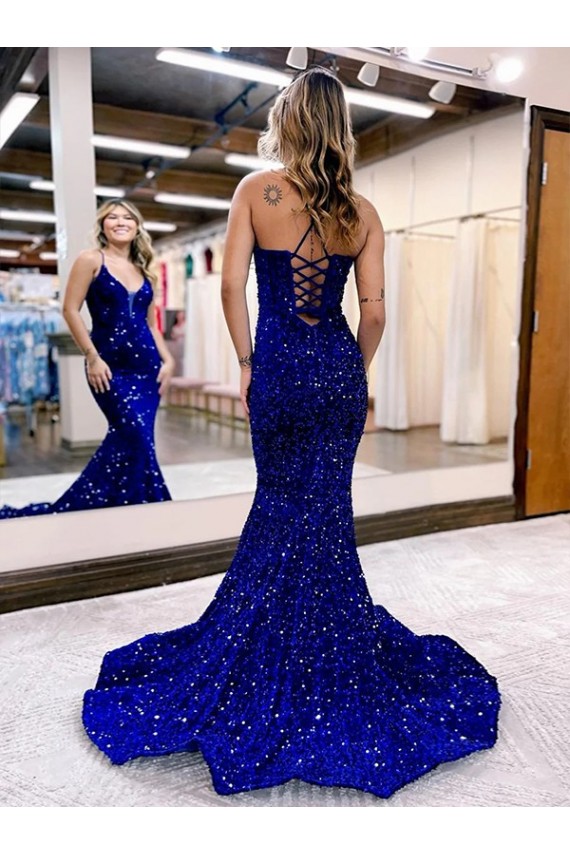 Azul real Sirena Cuello en V Cola corte Lentejuelas Terciopelo Largo Vestidos de fiesta Al Por Mayor