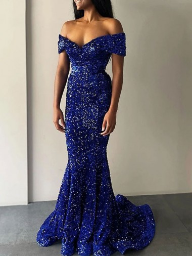 Azul real Sirena Hombros Descubiertos Barrer tren Lentejuelas Terciopelo Largo Vestidos de fiesta Al Por Mayor