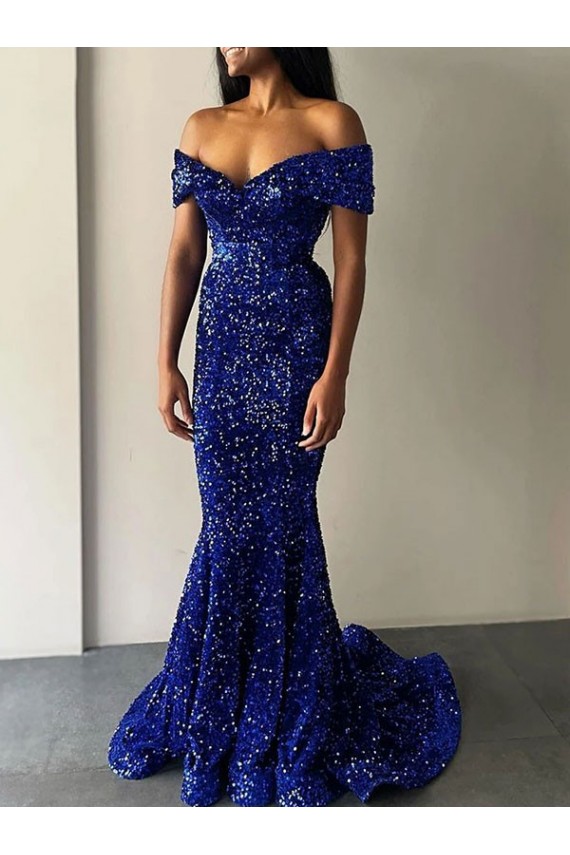 Azul real Sirena Hombros Descubiertos Barrer tren Lentejuelas Terciopelo Largo Vestidos de fiesta Al Por Mayor