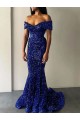 Azul real Sirena Hombros Descubiertos Barrer tren Lentejuelas Terciopelo Largo Vestidos de fiesta Al Por Mayor