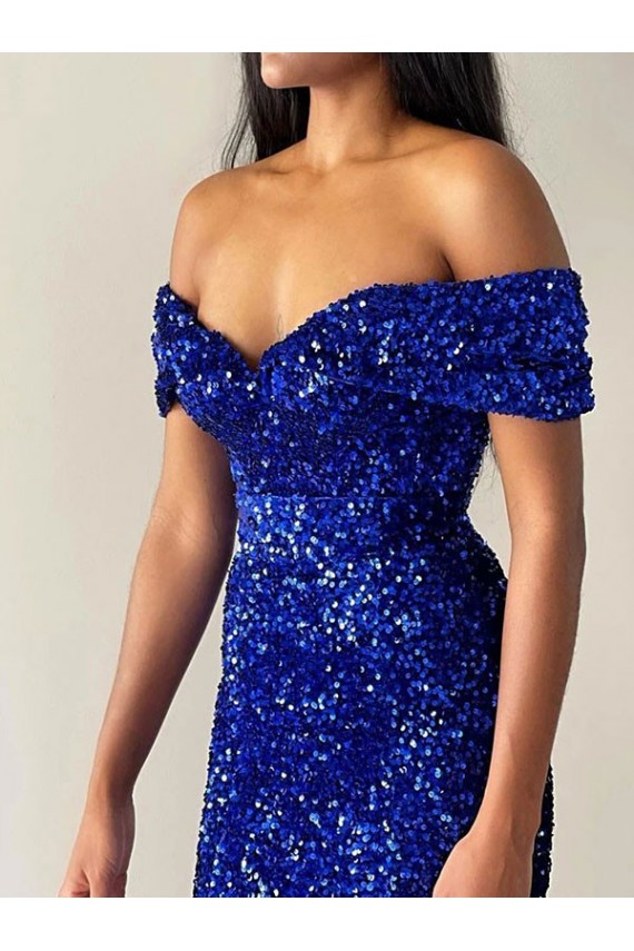 Azul real Sirena Hombros Descubiertos Barrer tren Lentejuelas Terciopelo Largo Vestidos de fiesta Al Por Mayor