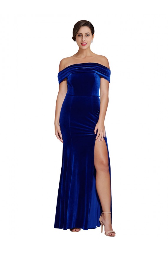 Azul real Sirena Hombros Descubiertos Terciopelo Elástico Largo Formales Vestidos de dama de honor / Vestidos de fiesta Al Por Mayor