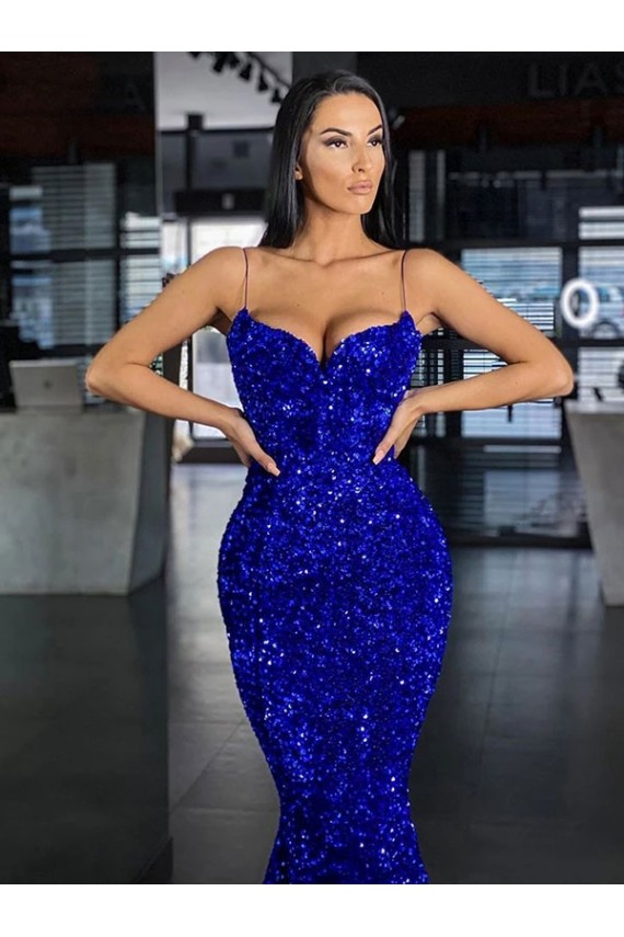 Azul real Sirena Tirantes espagueti Barrer tren Lentejuelas Terciopelo Largo Vestidos de fiesta Al Por Mayor