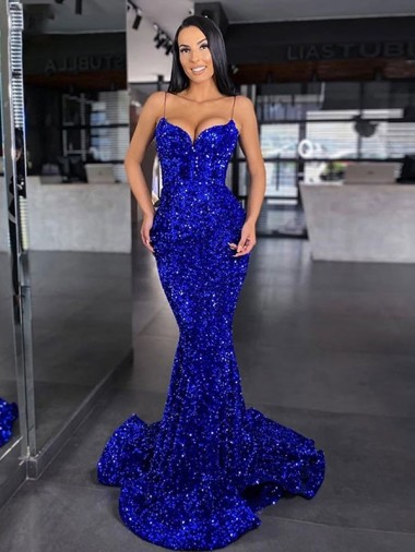 Azul real Sirena Tirantes espagueti Barrer tren Lentejuelas Terciopelo Largo Vestidos de fiesta Al Por Mayor