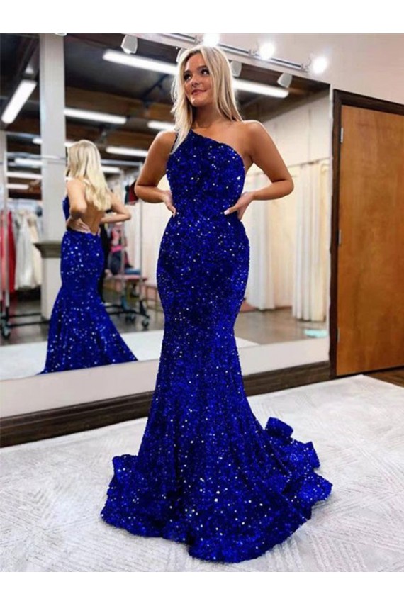 Azul real Sirena Un Hombre Barrer tren Lentejuelas Terciopelo Largo Vestidos de fiesta Al Por Mayor