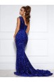 Azul real Sirena Un Hombre Cola corte Lentejuelas Terciopelo Largo Vestidos de fiesta Al Por Mayor