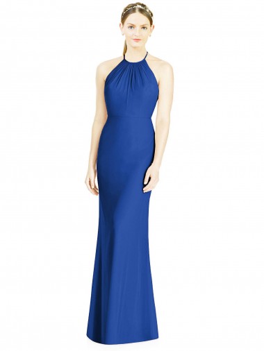 Azul real Trompeta Halter Cuello Alto Gasa Largo Vestidos de dama de honor Al Por Mayor