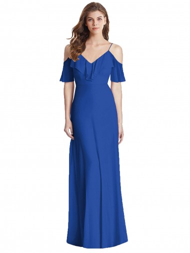 Azul real Trompeta Tirantes espagueti Cuello en V Gasa Largo Vestidos de dama de honor Al Por Mayor