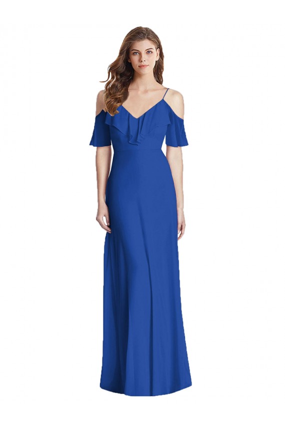 Azul real Trompeta Tirantes espagueti Cuello en V Gasa Largo Vestidos de dama de honor Al Por Mayor