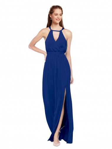 Azul real línea A Cuello Alto Gasa Largo Vestidos de dama de honor Al Por Mayor