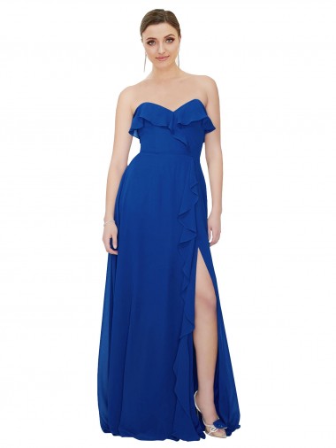 Azul real línea A Cuello de Corazón Sin tirantes Gasa Largo Vestidos de dama de honor Al Por Mayor