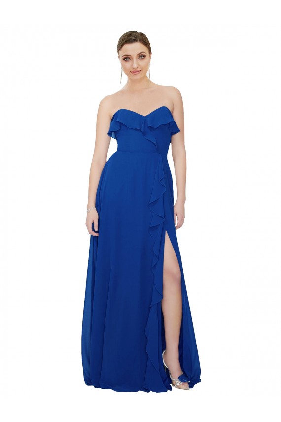 Azul real línea A Cuello de Corazón Sin tirantes Gasa Largo Vestidos de dama de honor Al Por Mayor