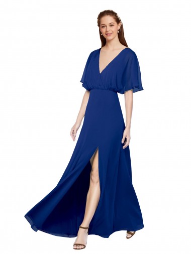 Azul real línea A Cuello en V Gasa Largo Vestidos de dama de honor Al Por Mayor