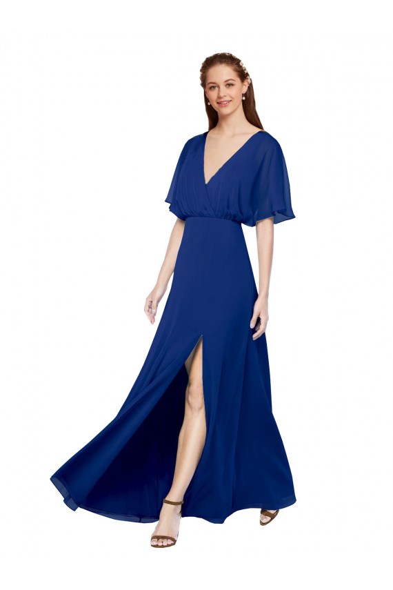 Azul real línea A Cuello en V Gasa Largo Vestidos de dama de honor Al Por Mayor