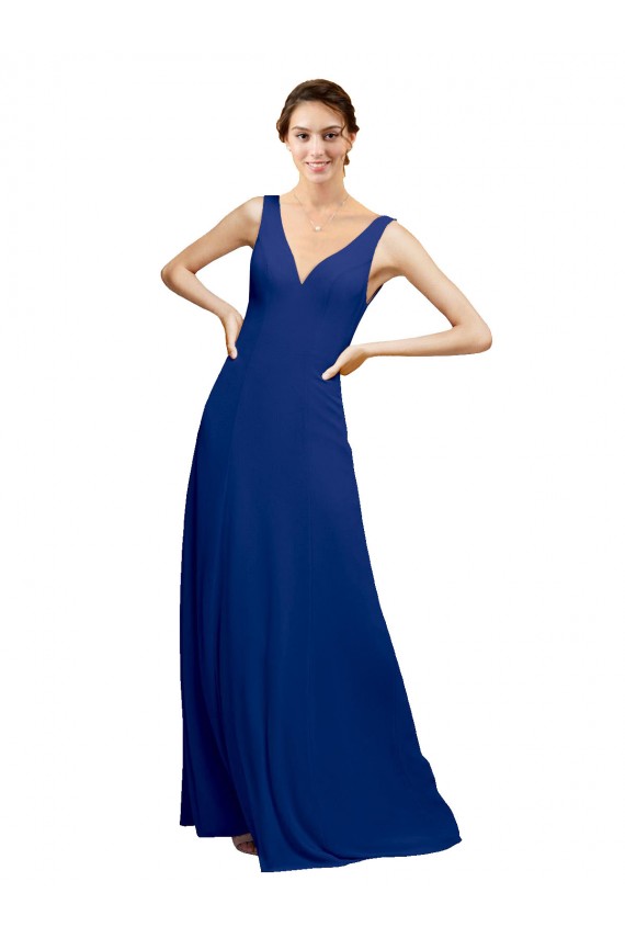 Azul real línea A Cuello en V Gasa Largo Vestidos de dama de honor Al Por Mayor