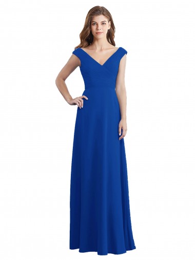 Azul real línea A Cuello en V Gasa Largo Vestidos de dama de honor Al Por Mayor