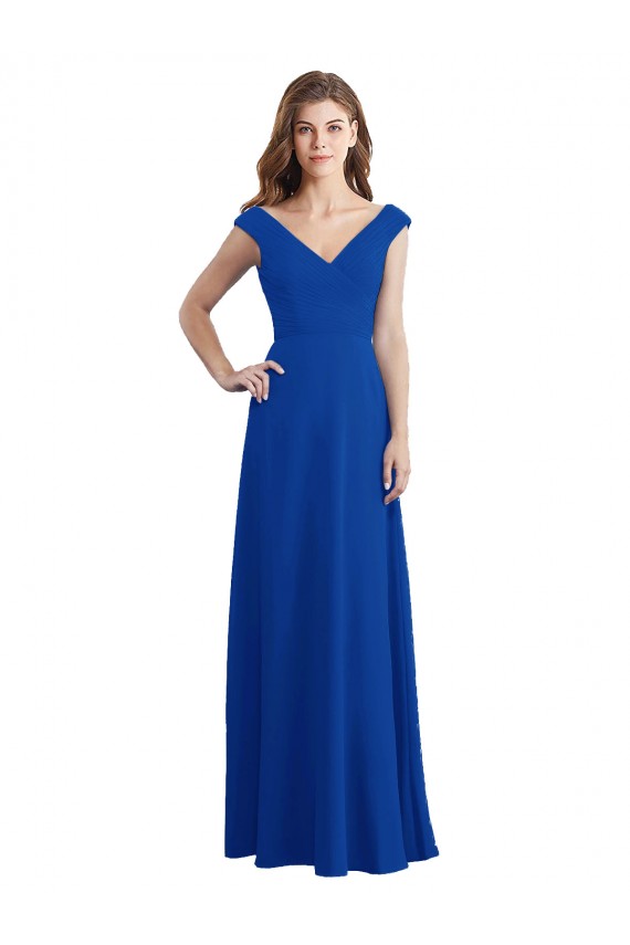 Azul real línea A Cuello en V Gasa Largo Vestidos de dama de honor Al Por Mayor