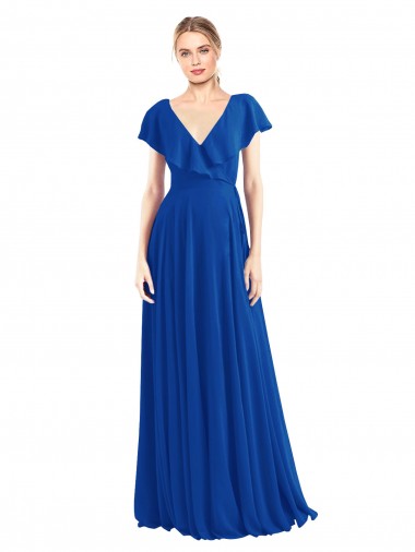 Azul real línea A Cuello en V Gasa Largo Vestidos de dama de honor Al Por Mayor