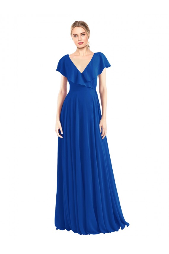 Azul real línea A Cuello en V Gasa Largo Vestidos de dama de honor Al Por Mayor